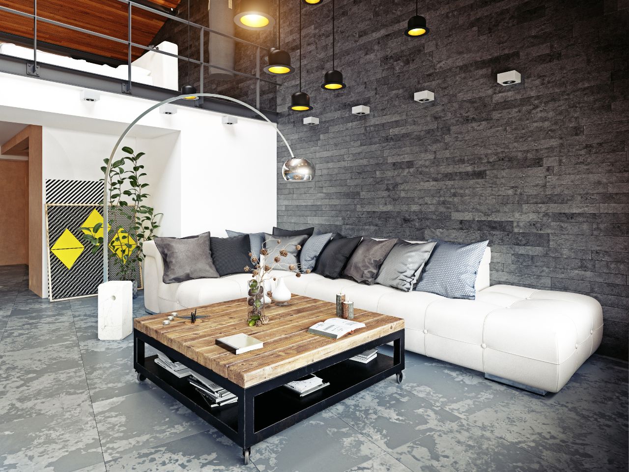 nowoczesny salon w stylu industrialnym z kanapą i stolikiem z drewnianym blatem na metalowej podstawie na kółkach